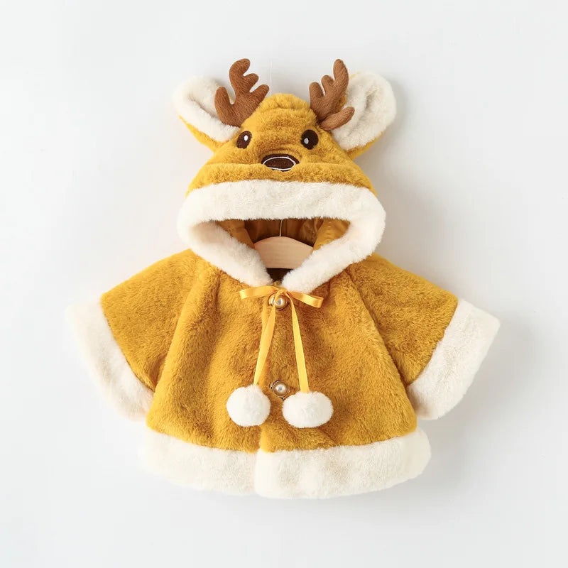 4 Colors Cute Christmas Elk Plush Baby Jacket Autumn Winter Warm Hooded Infant Girls Coat Princess Cloak Baby Girl Clothes 0-24M