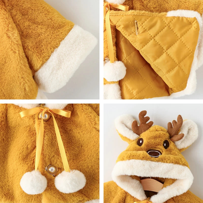 4 Colors Cute Christmas Elk Plush Baby Jacket Autumn Winter Warm Hooded Infant Girls Coat Princess Cloak Baby Girl Clothes 0-24M