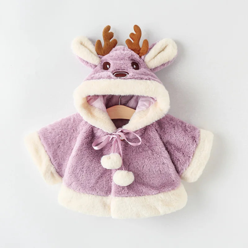 4 Colors Cute Christmas Elk Plush Baby Jacket Autumn Winter Warm Hooded Infant Girls Coat Princess Cloak Baby Girl Clothes 0-24M