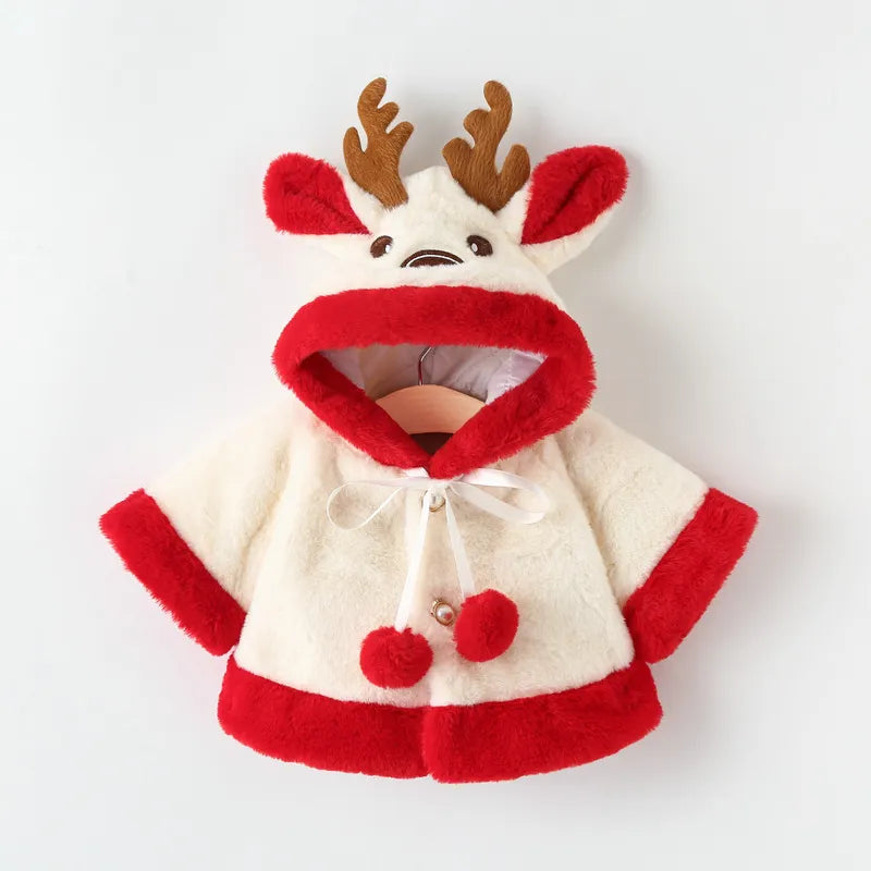 4 Colors Cute Christmas Elk Plush Baby Jacket Autumn Winter Warm Hooded Infant Girls Coat Princess Cloak Baby Girl Clothes 0-24M