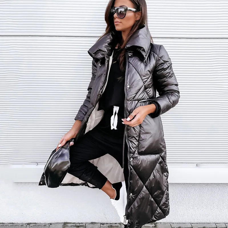 2023 Long Glossy Parkas Outwear Jackets Women New Zipper Cotton-Padded Coat Winter Long Sleeve Lapel Keep Warm Parkas Outwear