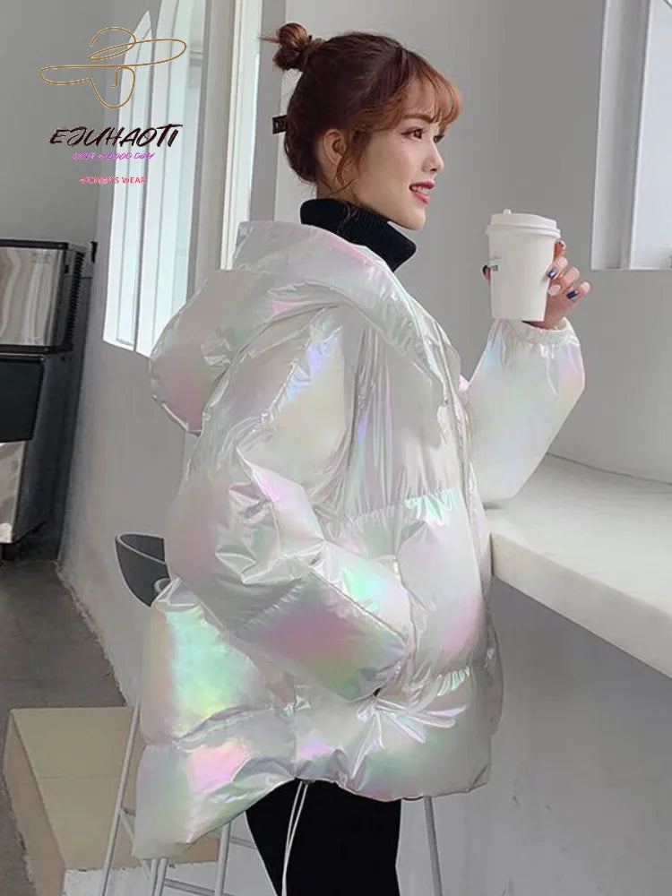 Women's Jacket Colorful Glossy Surface Hooded Cotton Coat Winter Korean Fashion Thicken Parkas Womens Clothing Loose Warm Tops