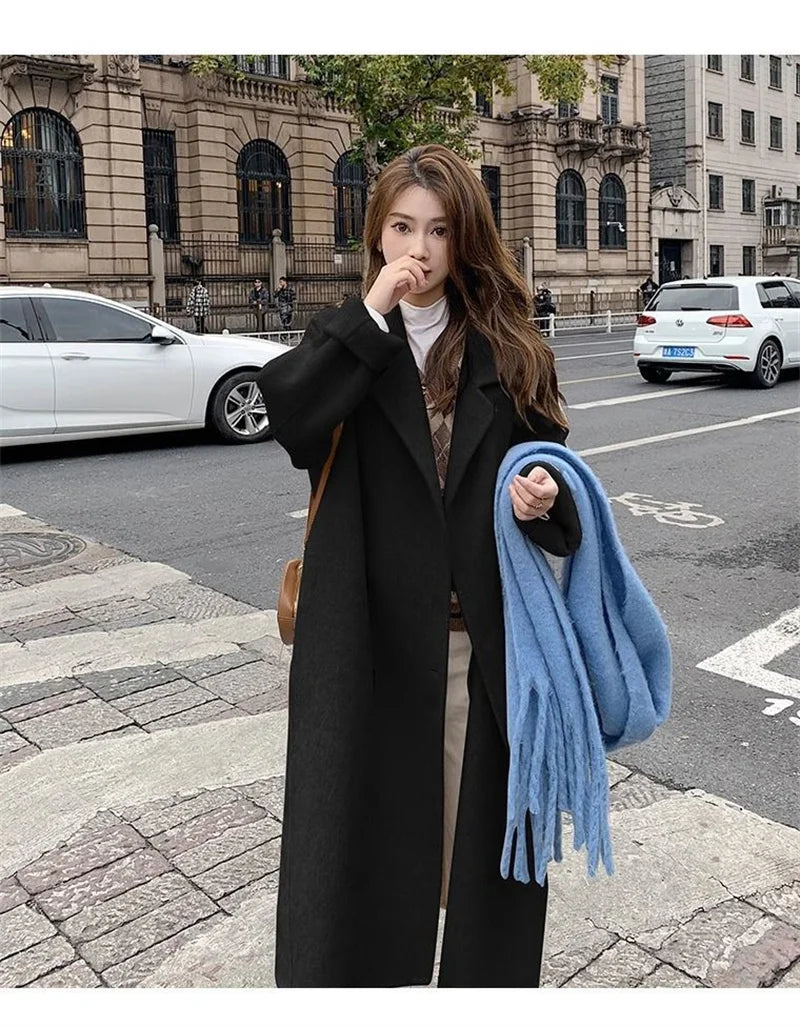 Pink Woolen Coat Women's Mid length 2023 Autumn/Winter New Korean Version Loose and Versatile Hepburn Style Small Woolen Coat