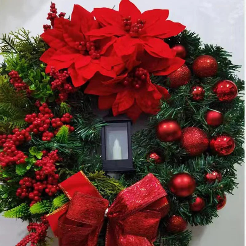 Christmas Wreath with Lamp Bow Ball Big Red Flower Navidad Party Wall Door Window Fireplace Staircase Balcony Garden Wreath 2023