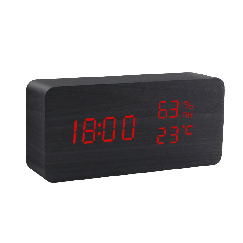 Alarm Clock LED Wooden Watch Table Voice Control