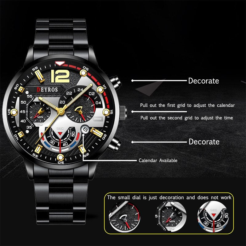 Fashion Mens Sports Watches Luxury Stainless Steel Quartz 3DS