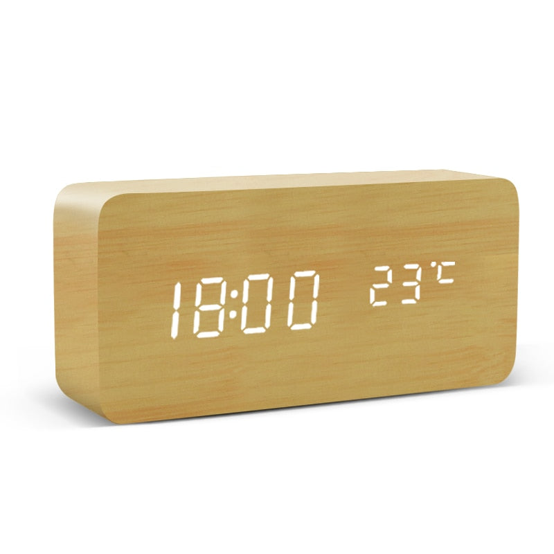 Despertador LED Reloj de madera Mesa Control de voz