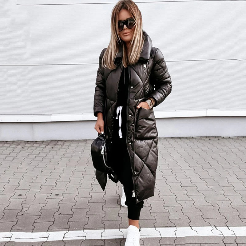 2023 Long Glossy Parkas Outwear Jackets Women New Zipper Cotton-Padded Coat Winter Long Sleeve Lapel Keep Warm Parkas Outwear