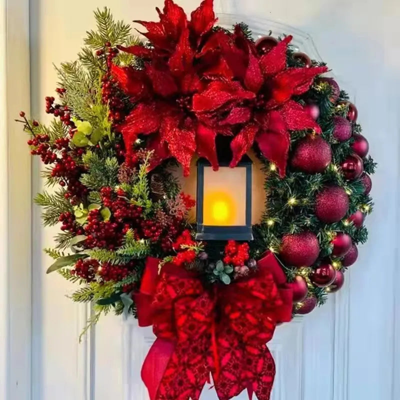 Christmas Wreath with Lamp Bow Ball Big Red Flower Navidad Party Wall Door Window Fireplace Staircase Balcony Garden Wreath 2023