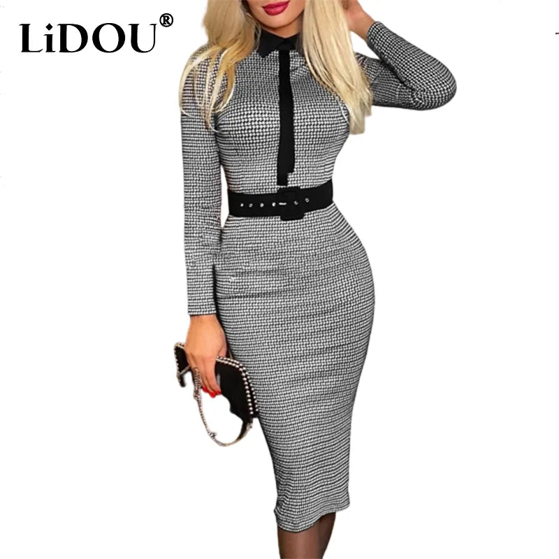 Office Lady Vintage Print Long Sleeve Belt Slim Bodycon Dress Women Summer New Elegant Fashion Commute Dresses Vestidos Feminino