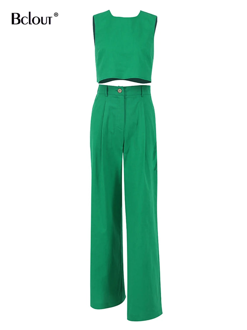 Bclout Summer Linen Long Pants Sets Women 2 Piece Outfits 2023 Vacation O-Neck Solid Crop Tops Casual Green Wide Leg Pants Suits