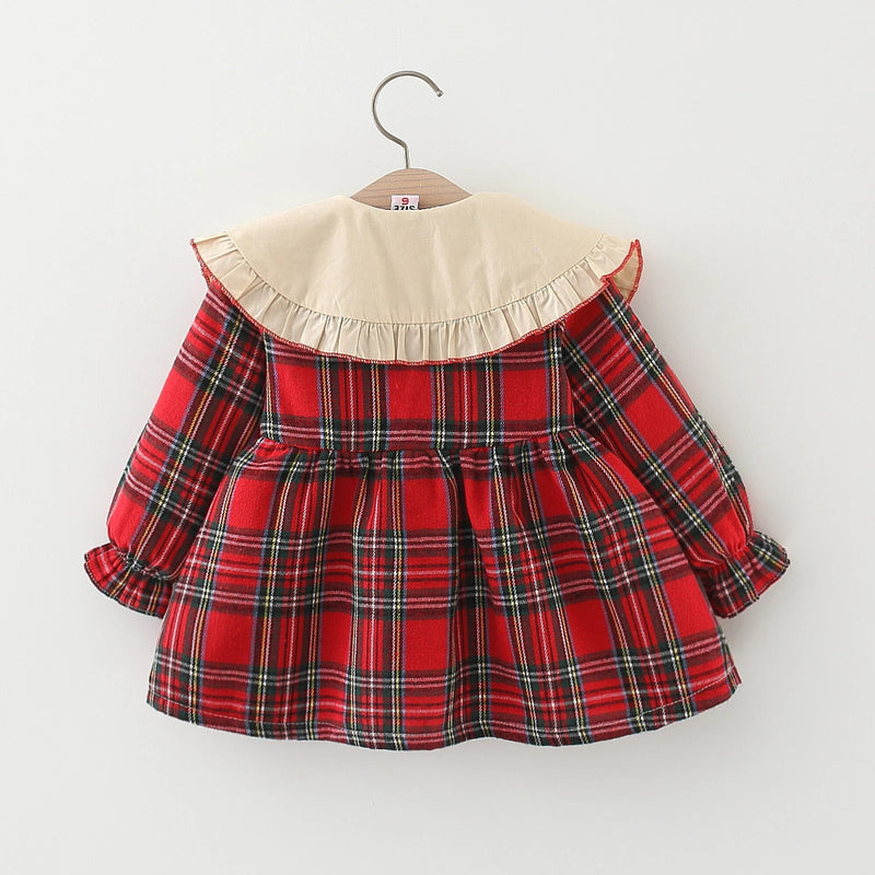 Autumn Girl Long sleeved Dress with Plaid Polo Collar College Style Newborn Princess Dress Comes With Same Rabbit