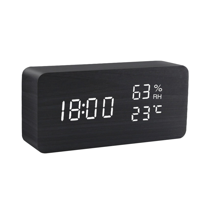 Alarm Clock LED Wooden Watch Table Voice Control