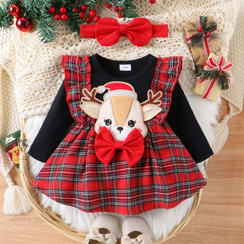 Christmas 0-2Y Infant Girls Dress Long Sleeve Cartoon Deer Patchwork Plaid Print Bow Dress with Bow Headband for Fall Winter