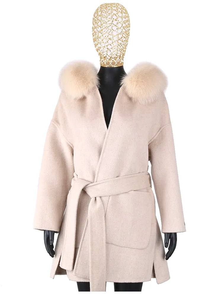 FURYOUME New Cashmere Wool Coat Real Fox Fur Collar Jacket Winter Long Fashion Loose Outerwear Wool Casaco For Women With Belt