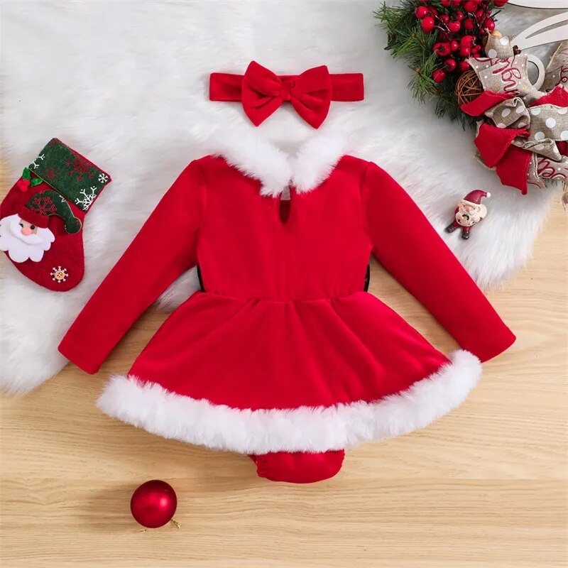 Suefunskry Baby Girls Christmas Outfits Long Sleeve Fur Trim Velvet Romper Dress + Headband Set Newborn XMAS Clothes 3-24Months