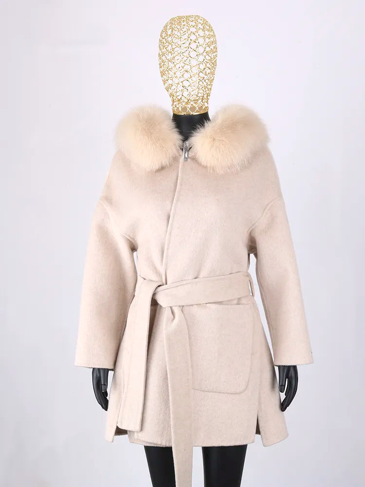 FURYOUME New Cashmere Wool Coat Real Fox Fur Collar Jacket Winter Long Fashion Loose Outerwear Wool Casaco For Women With Belt