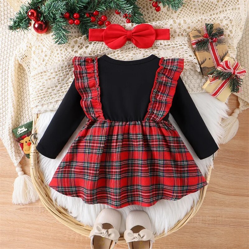 Christmas 0-2Y Infant Girls Dress Long Sleeve Cartoon Deer Patchwork Plaid Print Bow Dress with Bow Headband for Fall Winter