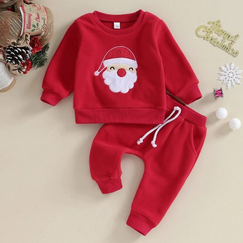 0-3Y Toddler Boys Christmas Outfits Santa Embroidery Long Sleeve Sweatshirts+Solid Long Pants Clothes Set