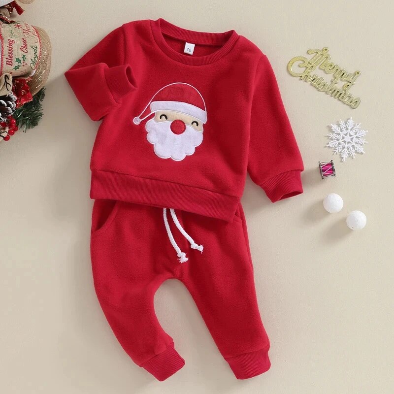 0-3Y Toddler Boys Christmas Outfits Santa Embroidery Long Sleeve Sweatshirts+Solid Long Pants Clothes Set