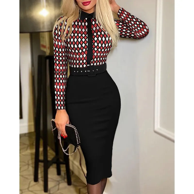 Office Lady Vintage Print Long Sleeve Belt Slim Bodycon Dress Women Summer New Elegant Fashion Commute Dresses Vestidos Feminino