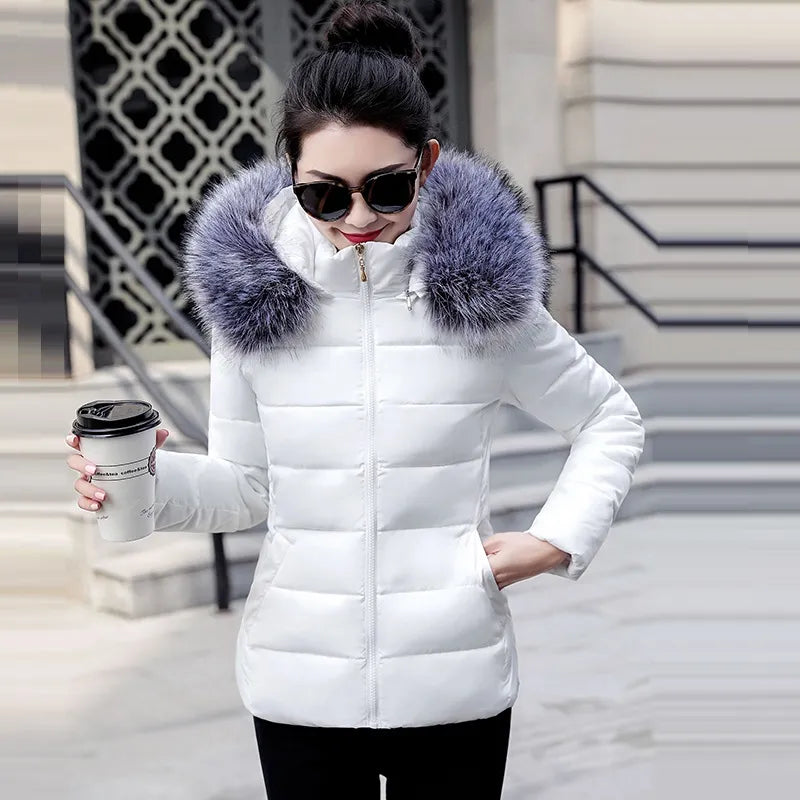 2023 New Women Winter Coat Fake Fur Collar Woman's Parka Short Outwear Warm Down Cotton Jacket Winter Jackets Female Coat Trend