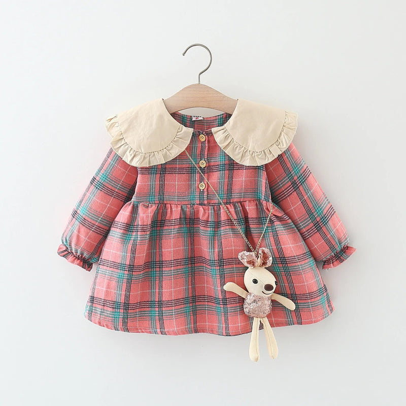 Autumn Girl Long sleeved Dress with Plaid Polo Collar College Style Newborn Princess Dress Comes With Same Rabbit