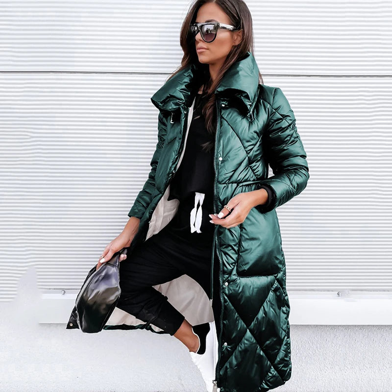 2023 Long Glossy Parkas Outwear Jackets Women New Zipper Cotton-Padded Coat Winter Long Sleeve Lapel Keep Warm Parkas Outwear