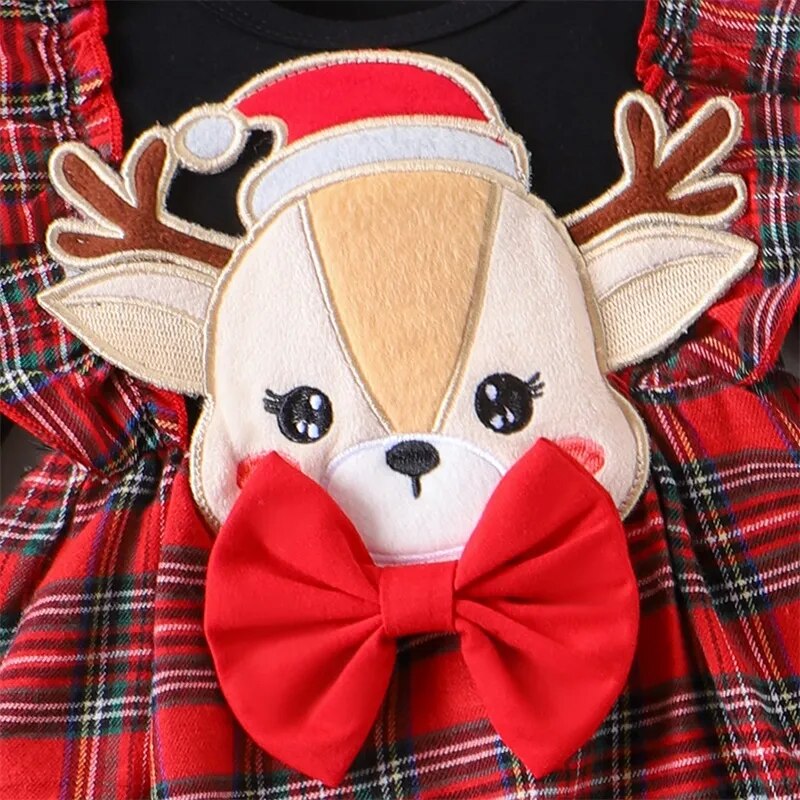 Christmas 0-2Y Infant Girls Dress Long Sleeve Cartoon Deer Patchwork Plaid Print Bow Dress with Bow Headband for Fall Winter