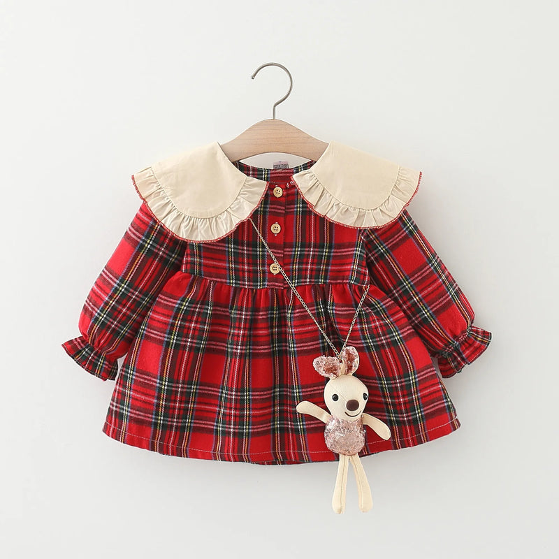 Autumn Girl Long sleeved Dress with Plaid Polo Collar College Style Newborn Princess Dress Comes With Same Rabbit