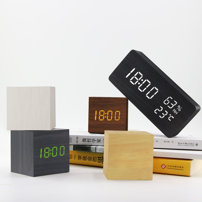 Alarm Clock LED Wooden Watch Table Voice Control