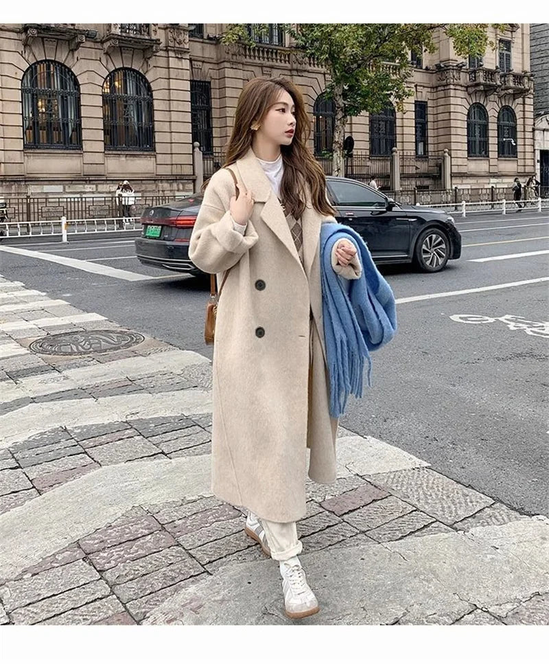 Pink Woolen Coat Women's Mid length 2023 Autumn/Winter New Korean Version Loose and Versatile Hepburn Style Small Woolen Coat