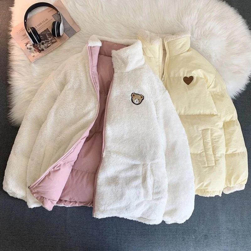 JMPRS Cute Embroidery Parkas Coat Women Winter Korean Fashion Thick Loose Warm Jacket Double Sided Design Pink Student Clothes