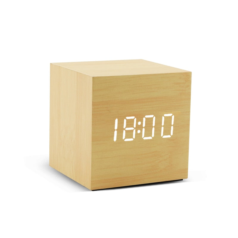 Alarm Clock LED Wooden Watch Table Voice Control