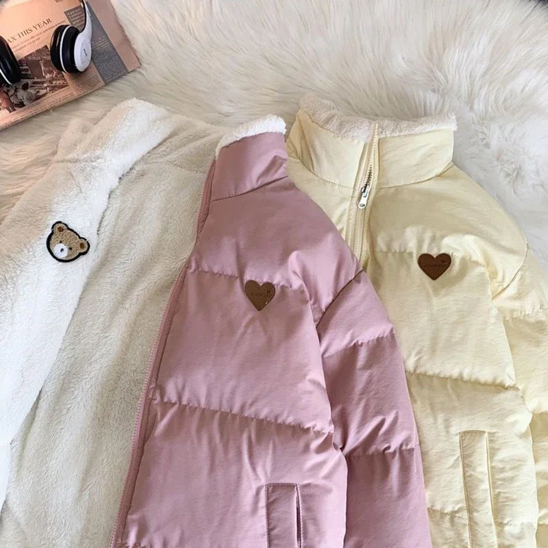 JMPRS Cute Embroidery Parkas Coat Women Winter Korean Fashion Thick Loose Warm Jacket Double Sided Design Pink Student Clothes