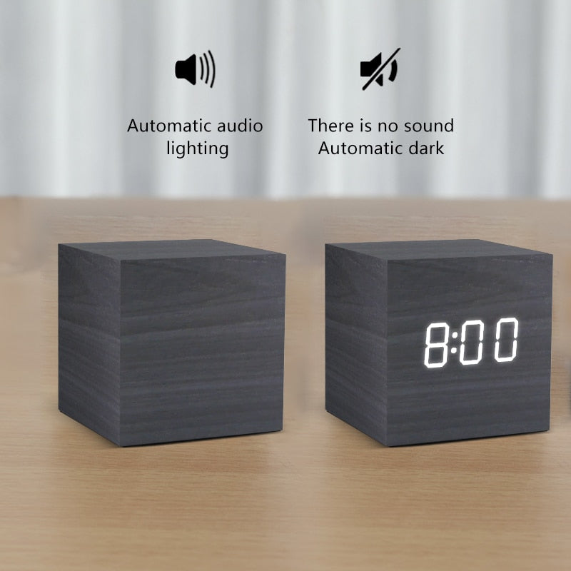 Alarm Clock LED Wooden Watch Table Voice Control