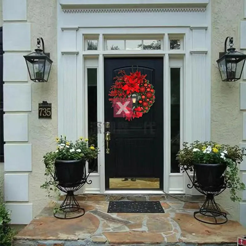 Christmas Wreath with Lamp Bow Ball Big Red Flower Navidad Party Wall Door Window Fireplace Staircase Balcony Garden Wreath 2023