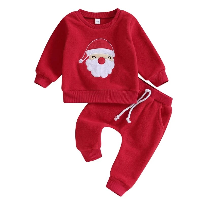 0-3Y Toddler Boys Christmas Outfits Santa Embroidery Long Sleeve Sweatshirts+Solid Long Pants Clothes Set