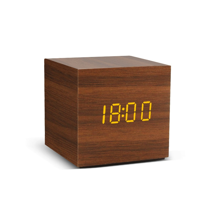 Alarm Clock LED Wooden Watch Table Voice Control