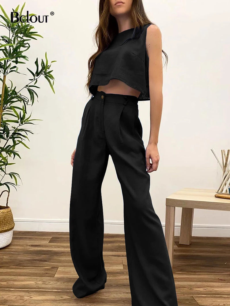 Bclout Summer Linen Long Pants Sets Women 2 Piece Outfits 2023 Vacation O-Neck Solid Crop Tops Casual Green Wide Leg Pants Suits