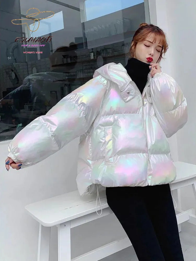 Women's Jacket Colorful Glossy Surface Hooded Cotton Coat Winter Korean Fashion Thicken Parkas Womens Clothing Loose Warm Tops