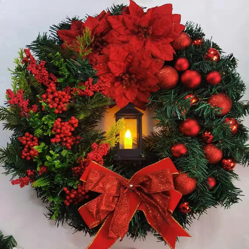 Christmas Wreath with Lamp Bow Ball Big Red Flower Navidad Party Wall Door Window Fireplace Staircase Balcony Garden Wreath 2023