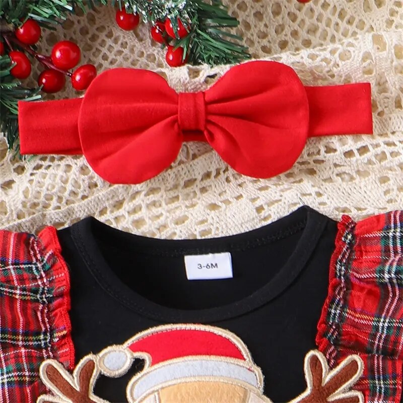 Christmas 0-2Y Infant Girls Dress Long Sleeve Cartoon Deer Patchwork Plaid Print Bow Dress with Bow Headband for Fall Winter