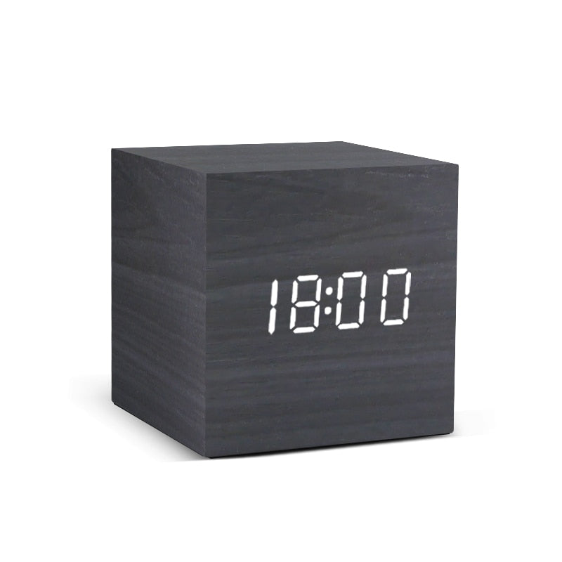 Alarm Clock LED Wooden Watch Table Voice Control