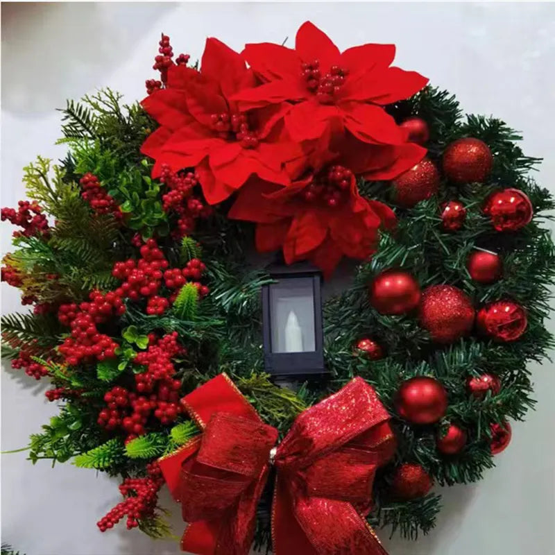 Christmas Wreath with Lamp Bow Ball Big Red Flower Navidad Party Wall Door Window Fireplace Staircase Balcony Garden Wreath 2023