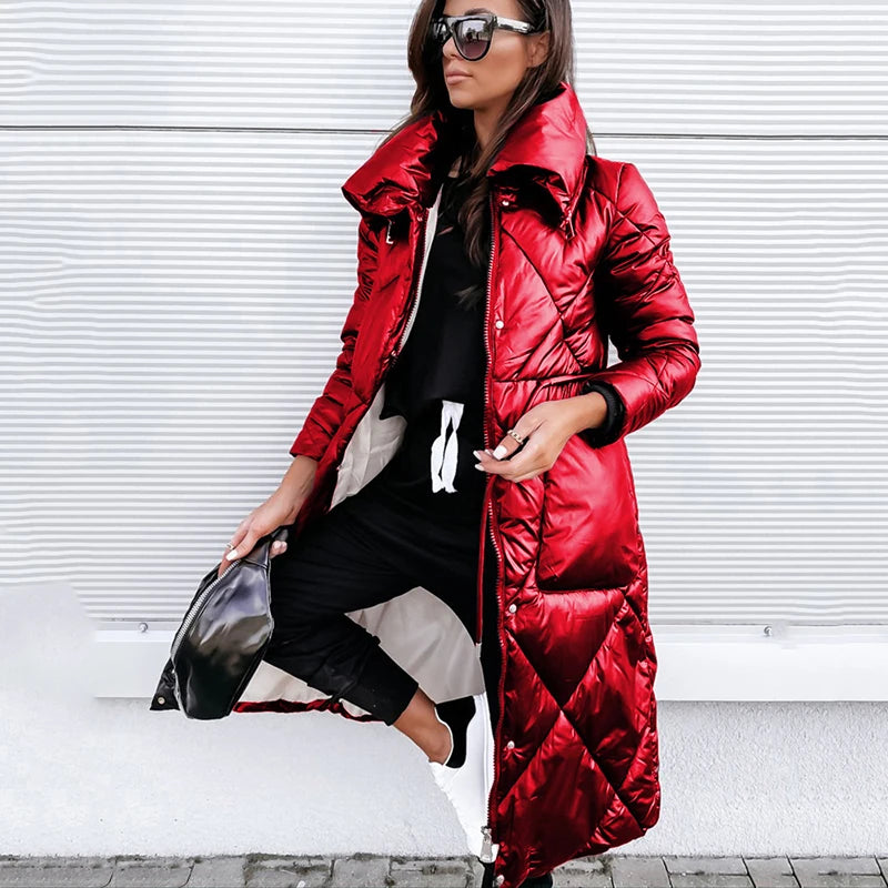 2023 Long Glossy Parkas Outwear Jackets Women New Zipper Cotton-Padded Coat Winter Long Sleeve Lapel Keep Warm Parkas Outwear