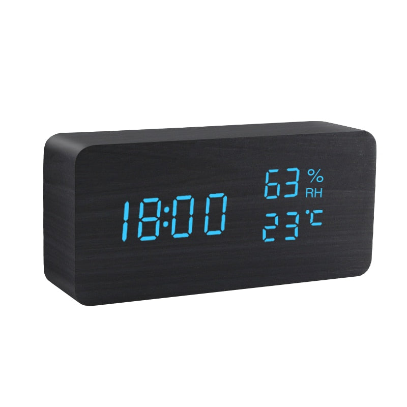 Alarm Clock LED Wooden Watch Table Voice Control