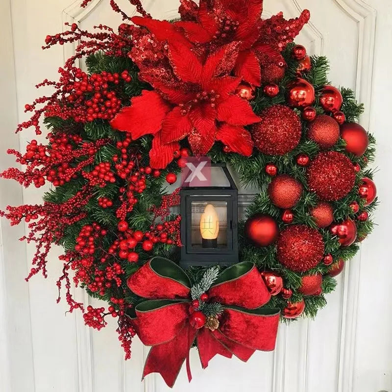 Christmas Wreath with Lamp Bow Ball Big Red Flower Navidad Party Wall Door Window Fireplace Staircase Balcony Garden Wreath 2023