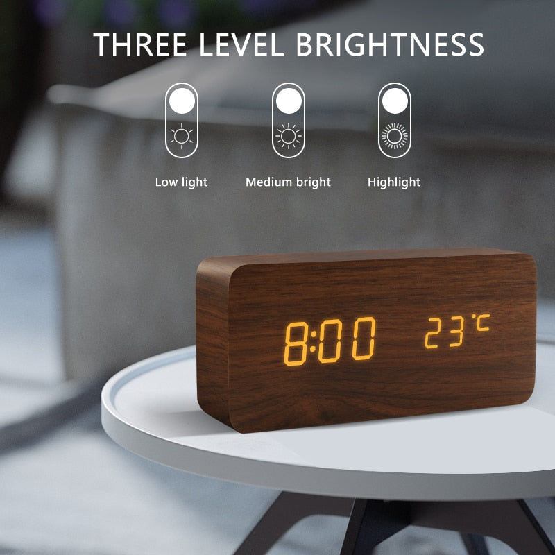 Alarm Clock LED Wooden Watch Table Voice Control