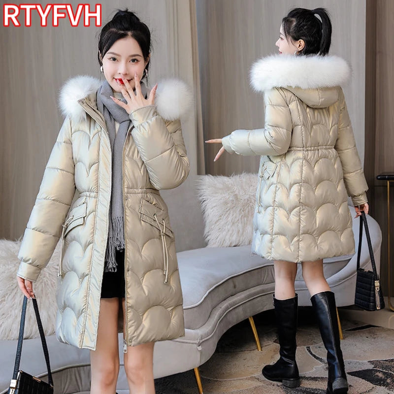 2023 New Winter Jacket Parkas Women Coat Fur Collar Hooded Overcoat Female Jacket Thick Warm Cotton Padded Puffer Parka Outwear